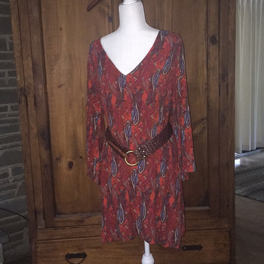 Venus long sleeved, red patterned dress.